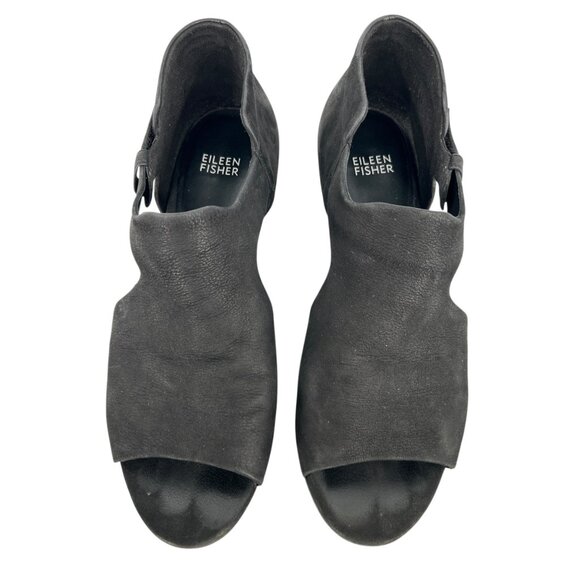 Eileen Fisher Iris Black Tumbled Nubuck Leather Stacked Heeled Sandal Size 9 - Picture 3 of 11
